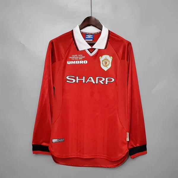 camisa-manchester-united-manga-longa-retrô-gola-polo-branca-umbro-sharp-bordado-punho-preto-detalhes