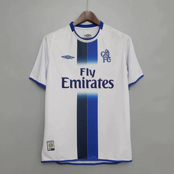 camisa-chelsea-retrô-2003-2005-branco-azul-umbro-gola-azul-branca-cabide-uniforme-reserva-away-II-premiere-league