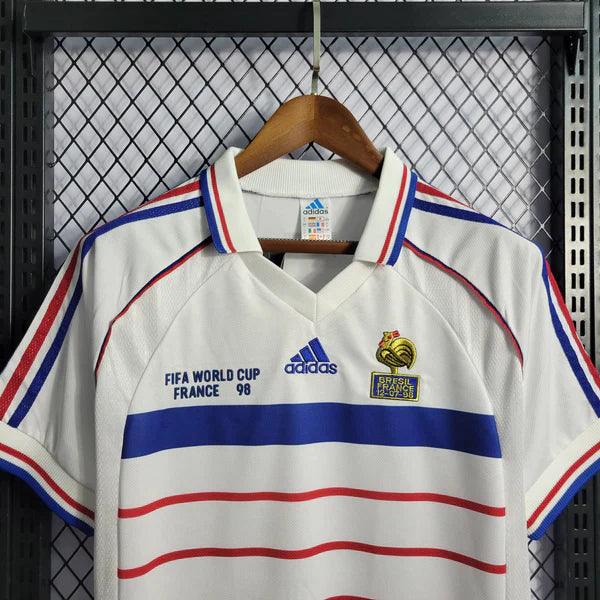 camisa-frança-II-reserva-visitante-away-1998-copa-do-mundo-final-zidane-branca-vermelha-azul-gola-polo