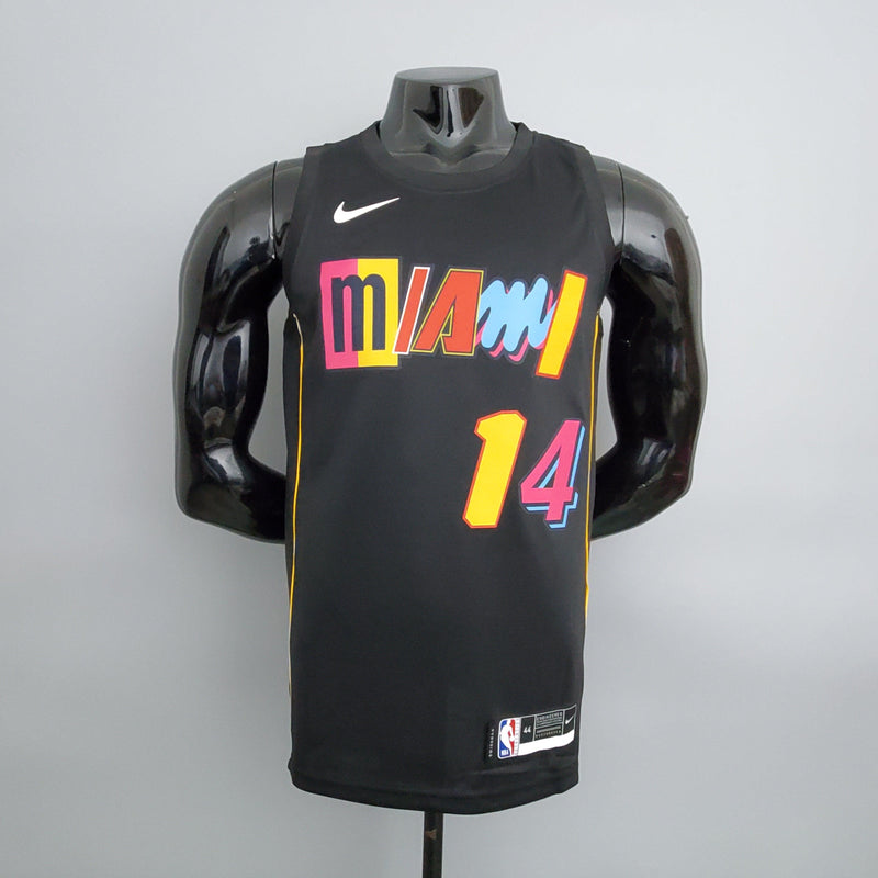 camisa-de-basquete-regata-nba-miami-heat-4-herro-adebayo-oladipo-manequim-preto-rosa-amarelo-azul-escrito