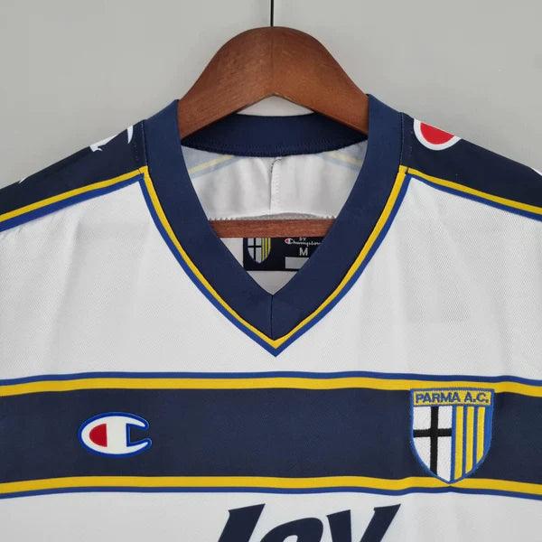 camisa-parma-retrô-2001-2002-reserva-branco-azul-gola-V-parmalat