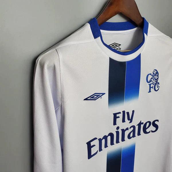 camisa-chelsea-away-reserva-II-2002-2003-branco-azul-gola-azul-retrô-manga-longa-bordado