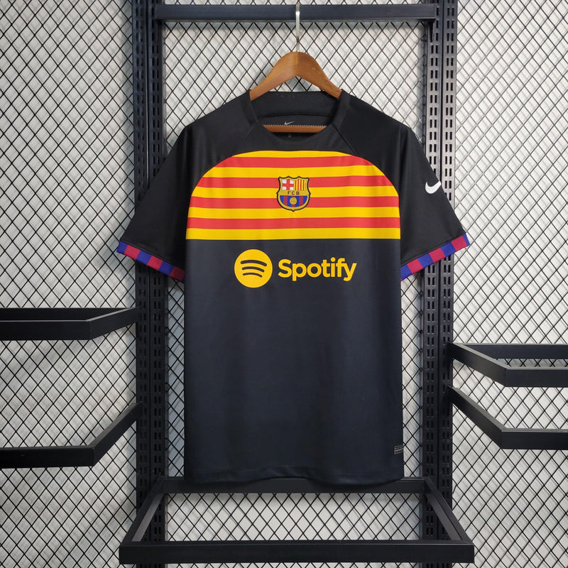 camisa-linda-barcelona-treino-preto-grená-azul-amarelo-spotify-nike-23-24-lewandoswki-pedri-gavi-neymar-jordi-alba