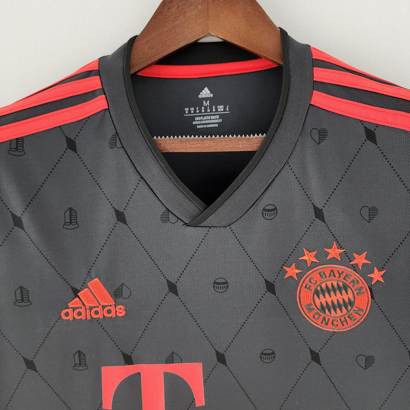 camiseta-bayern-munich-away-visitantes-23-24-preta-vermelho-cinza-harry-kane-muller-manuel-neuer-sané-choupomonting