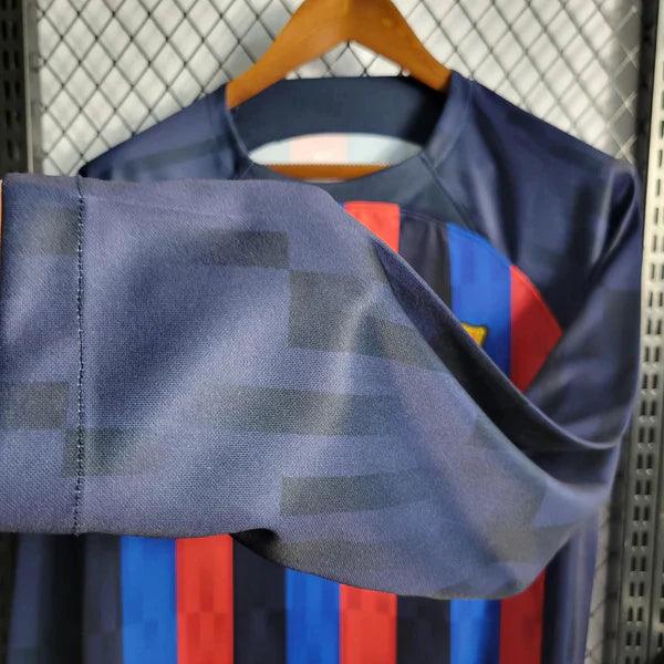 Camisa Barcelona Titular Manga Longa I Listrada - Home 2022/23 - Uniforme Nike Vermelho Azul